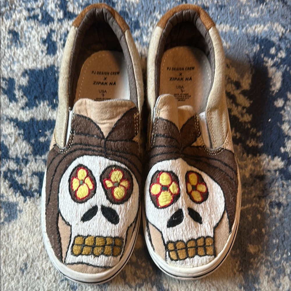 Brown and White Sugar Skull Slip-On Sneakers one of a kind